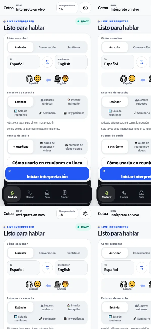 Pantalla de interpretación de Cotoa-in, donde eliges el idioma y el modo de escucha y empiezas con un solo botón
